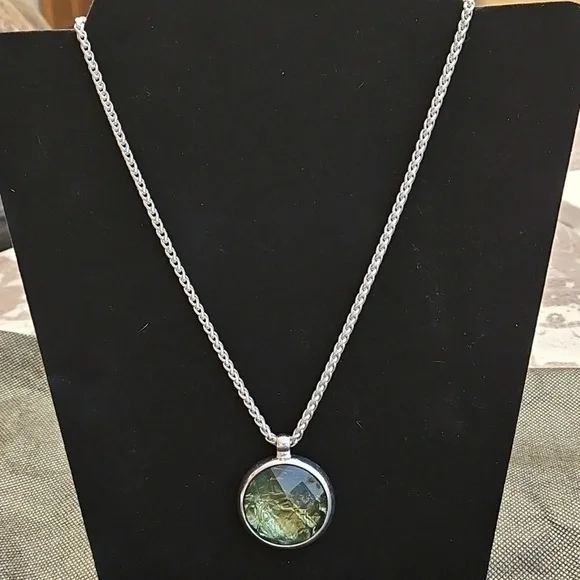 Silver Necklace and Earring Set with Green Glass Accent - Picture 2 of 9